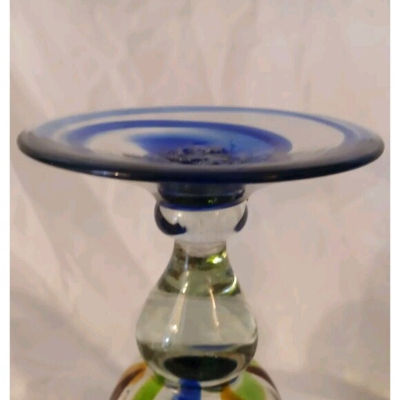 Set of 2 Mexican Art Glass Swirl Stripe Wine Water Goblet Hand Blown 8" Footed - Picture 5 of 7